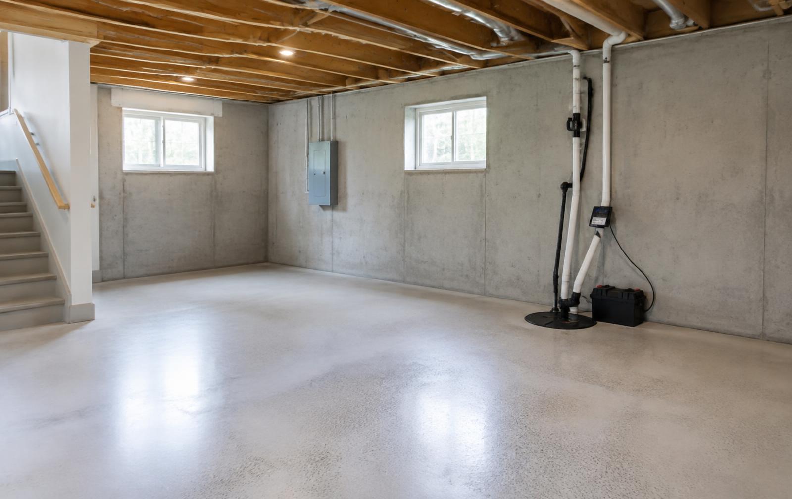 Dry basement with sealed concrete walls and a sump pump system